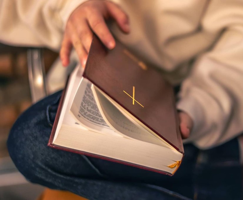 Woman reading Bible and journaling